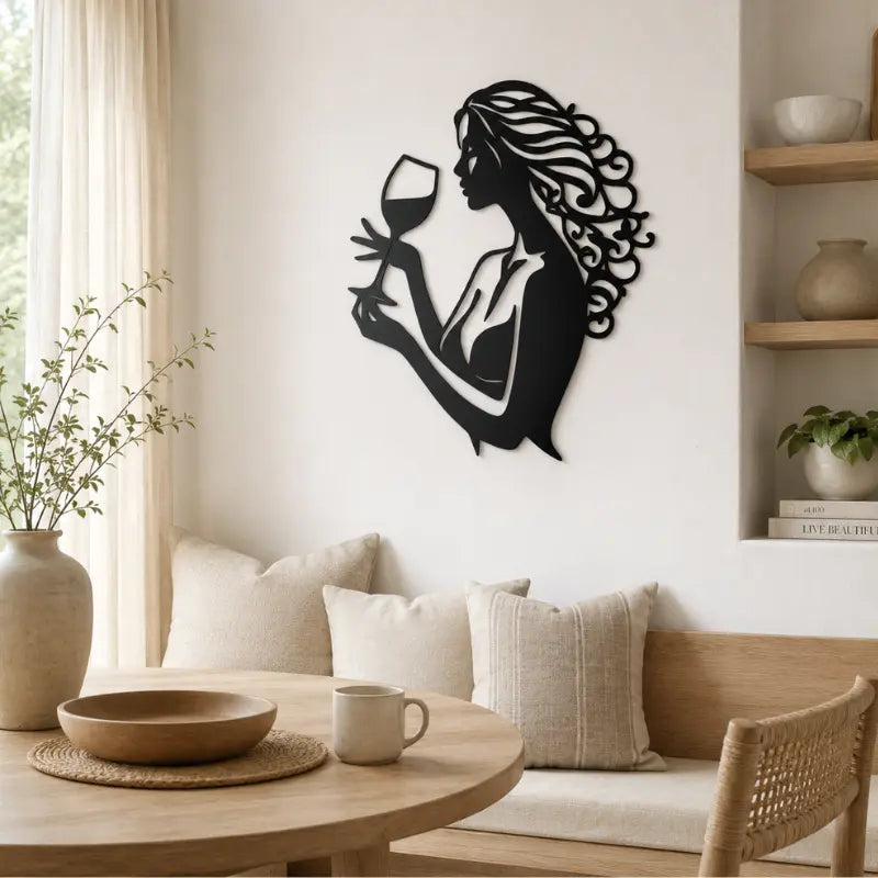 Décoration Murale Métal Femme Verre de Vin